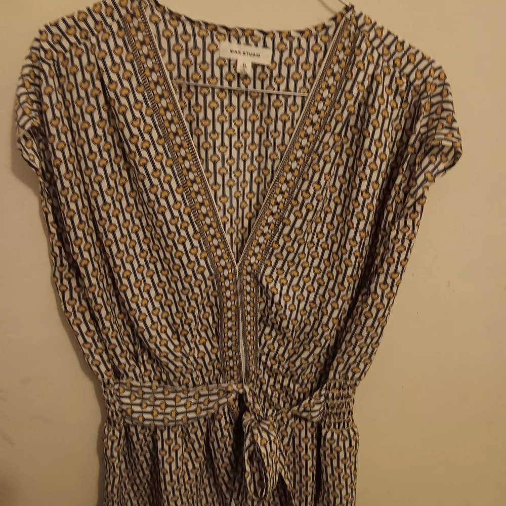 Max Studio Geometric Print Blouse, Womens Size Medium Stretch BOHO Smock Waist